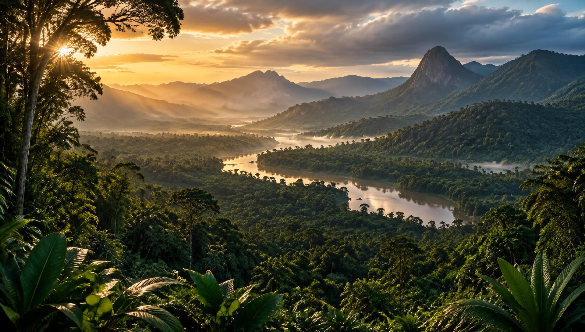 Floresta tropical brasileira e montanhas sob luz dourada
